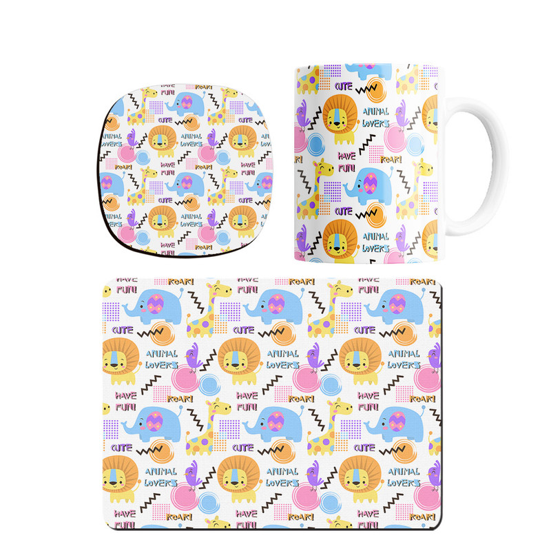 ست ماگ ترمه طراحان ایده مدل پترن شیر و فیل کیوت کد strm0277 همراه با زیر لیوانی و موس پد