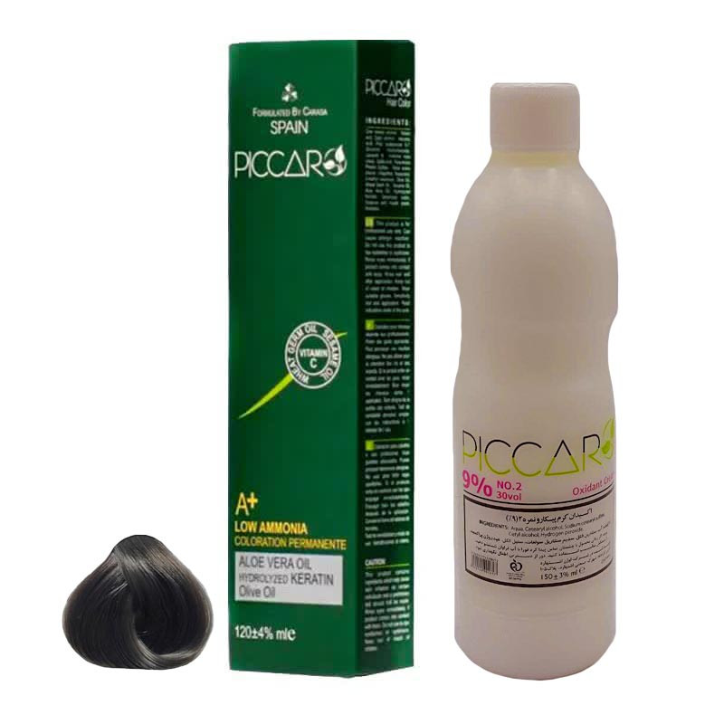 رنگ مو پیکارو شماره A6 حجم 120 میلی لیتر رنگ بلوند خاکستری تیره به همراه اکسیدان پیکارو مدل 2 نه درصدی حجم 150 میلی لیتر