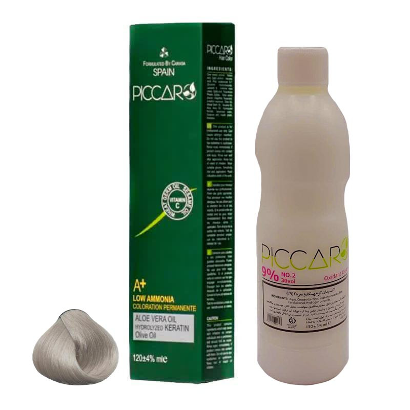 رنگ مو پیکارو شماره C10 حجم 120 میلی لیتر رنگ بلوند دودی خیلی خیلی روشن به همراه اکسیدان پیکارو مدل 2 نه درصدی حجم 150 میلی لیتر