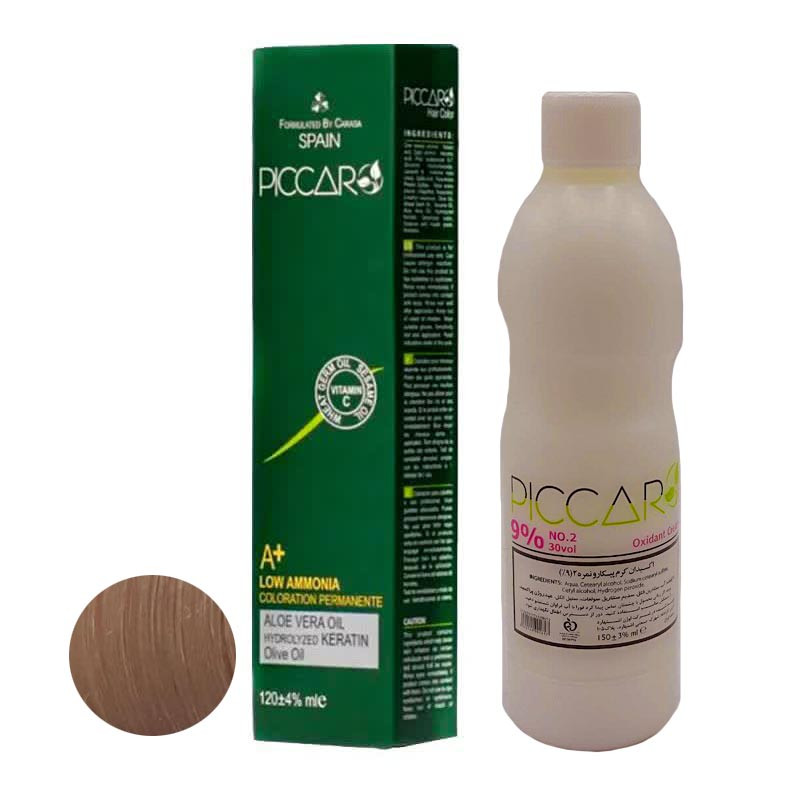 رنگ مو پیکارو شماره 9.38 حجم 120 میلی لیتر رنگ شیر نسکافه ای روشن به همراه اکسیدان پیکارو مدل 2 نه درصدی حجم 150 میلی لیتر