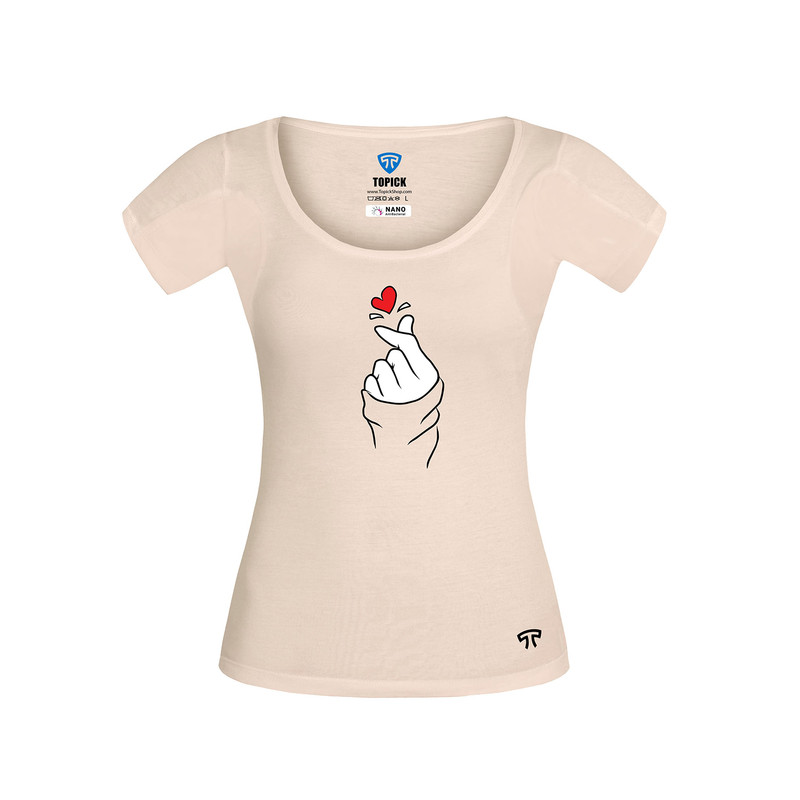 تیشرت آستین کوتاه زنانه تاپیک طرح عشق کره ای مدل ضدتعریق مودال رنگ کرم