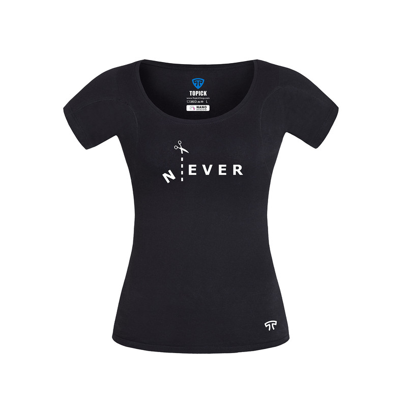تیشرت آستین کوتاه زنانه تاپیک مدل ضد تعریق طرح NEVER رنگ مشکی
