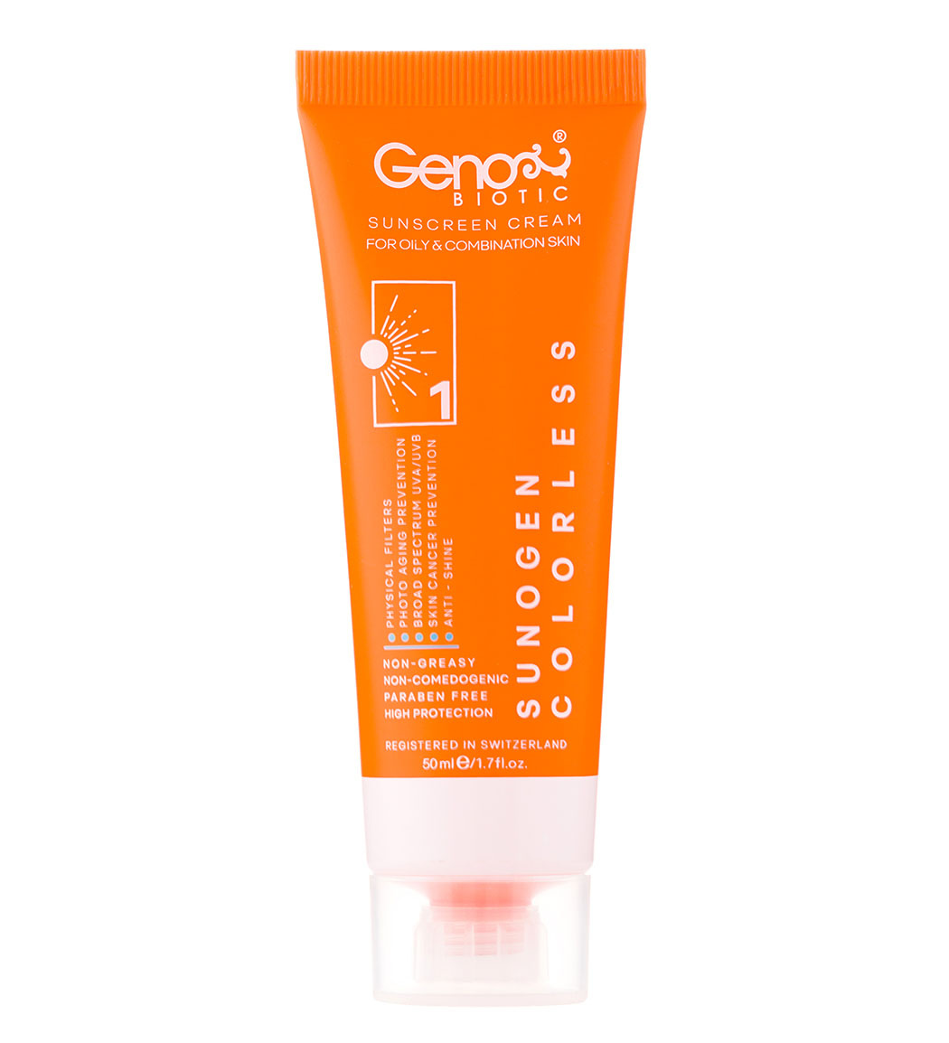 کرم ضدآفتاب بی رنگ مناسب پوست چرب و مختلط spf50 ژنوبایوتیک
