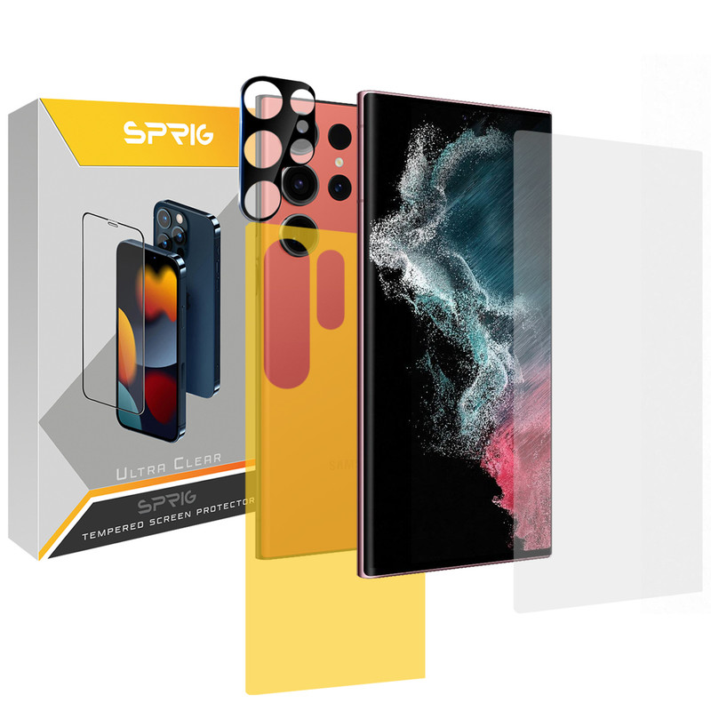 محافظ لنز دوربین اسپریگ مدل 3D-UV مناسب برای گوشی موبایل سامسونگ Galaxy S22 Ultra به همراه محافظ صفحه نمایش و محافظ پشت گوشی