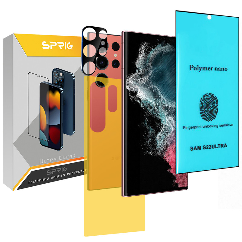 محافظ لنز دوربین اسپریگ مدل 3D-NPOLY مناسب برای گوشی موبایل سامسونگ Galaxy S22 Ultra به همراه محافظ صفحه نمایش و محافظ پشت گوشی