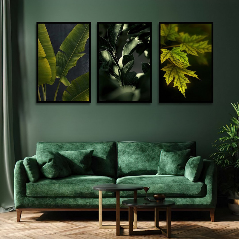 تابلو بکلیت طرح دکوری مدرن طبیعت و برگ سبز مدل B-1463 مجموعه 3 عددی
