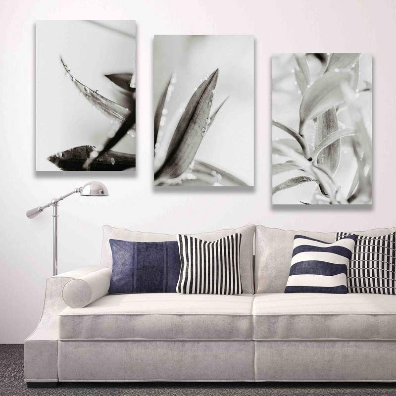 تابلو شاسی بکلیت طرح دکوری مدرن برگ سیاه و سفید مدل SH-1512 مجموعه 3 عددی