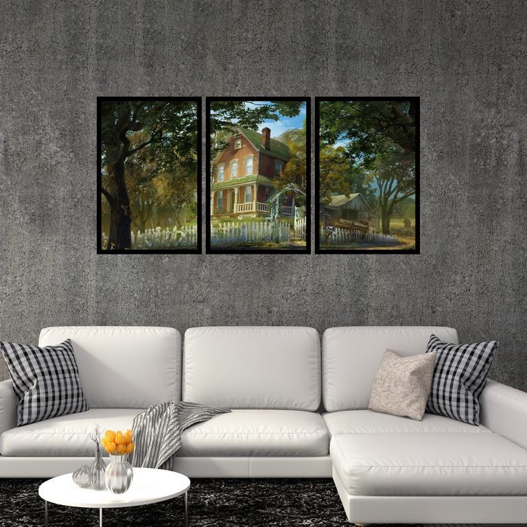 تابلو بکلیت طرح نقاشی خانه جنگلی مدل B-S4865 بسته 3 عددی