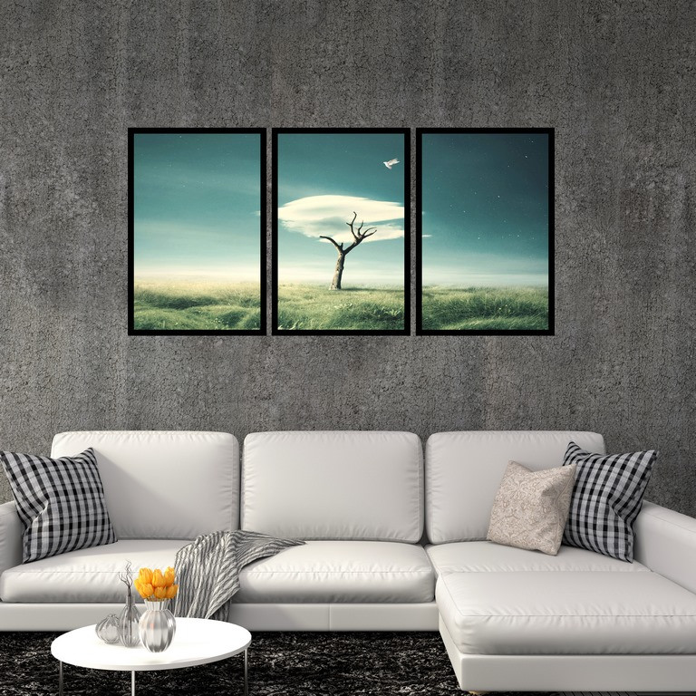 تابلو بکلیت طرح نقاشی تک درخت مدل B-S4864 بسته 3 عددی