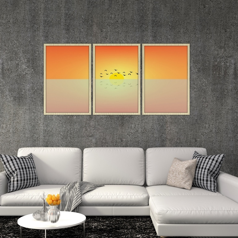 تابلو بکلیت طرح نقاشی دریا و رقص پرندگان مدل S4979 مجموعه 3 عددی