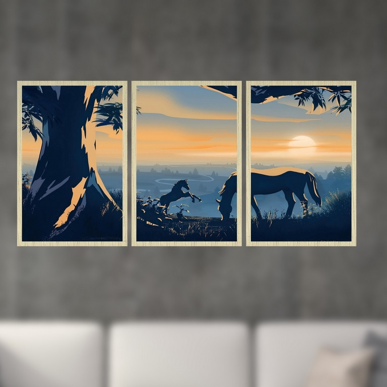 تابلو بکلیت طرح نقاشی دشت و اسب مدل S4976 مجموعه 3 عددی