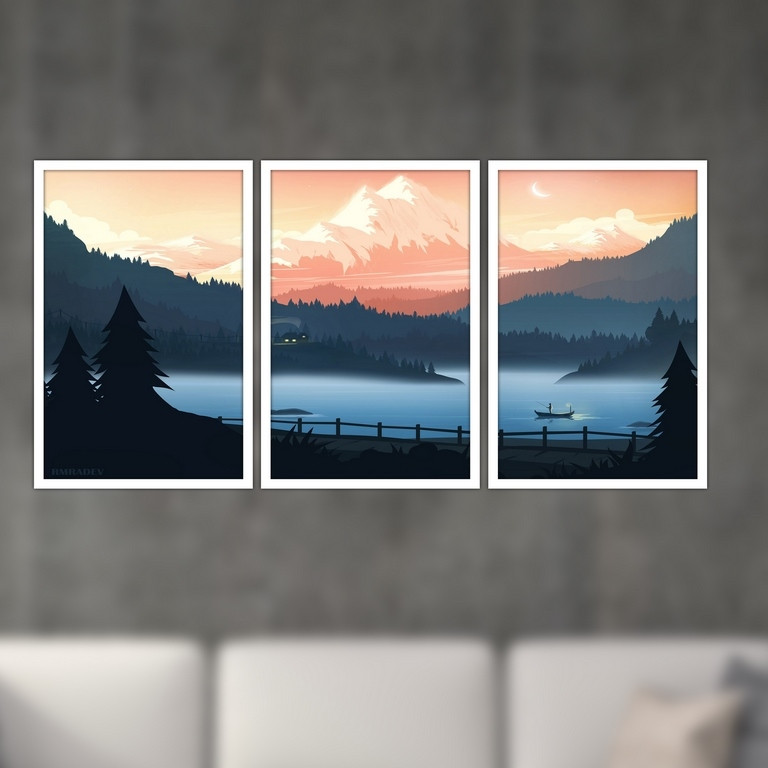 تابلو بکلیت طرح نقاشی منظره ی دریاچه مدل W-S4973 مجموعه 3 عددی