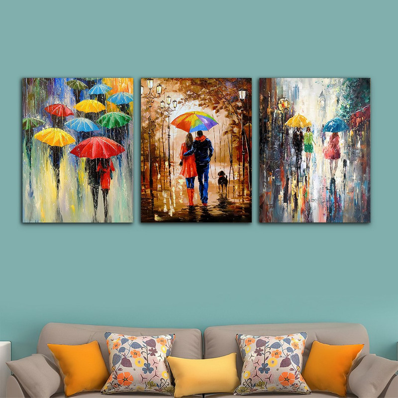 تابلو شاسی بکلیت طرح نقاشی رنگ روغن عاشقانه چتر و باران مدل SH-928 مجموعه 3 عددی