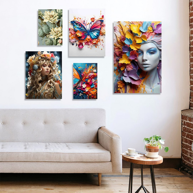 تابلو شاسی بکلیت طرح نقاشی گل رنگی و پروانه مدل SH-1138  مجموعه 5 عددی