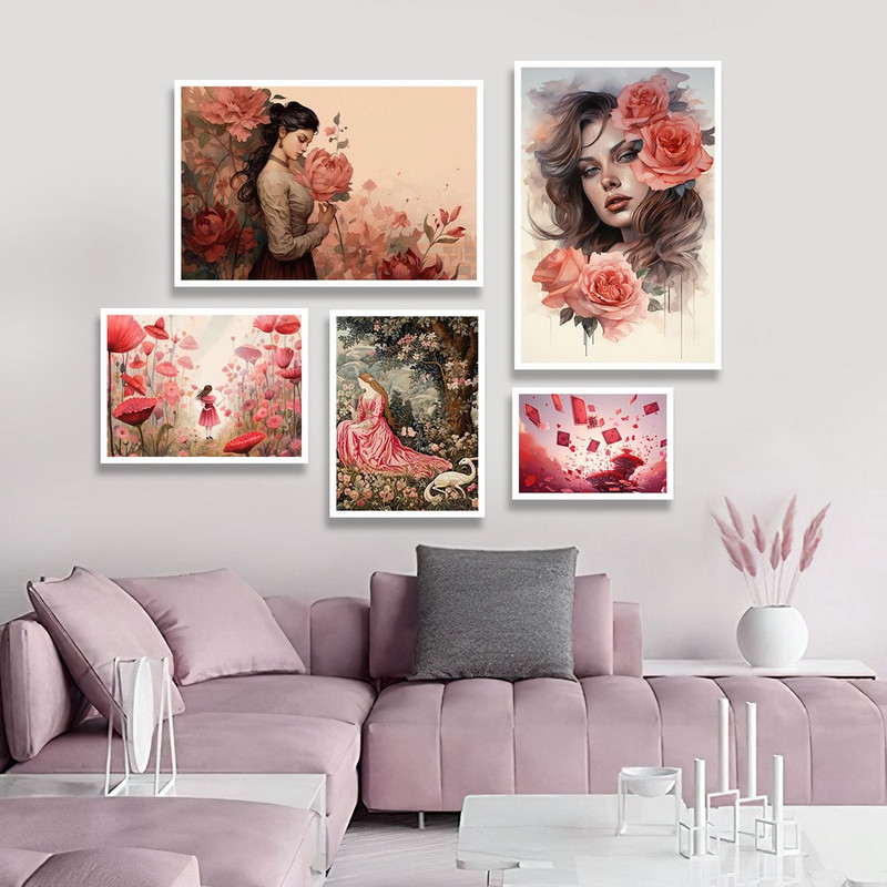 تابلو بکلیت طرح نقاشی آبرنگی چهره و گل قرمز مدل W-1216 مجموعه 5 عددی