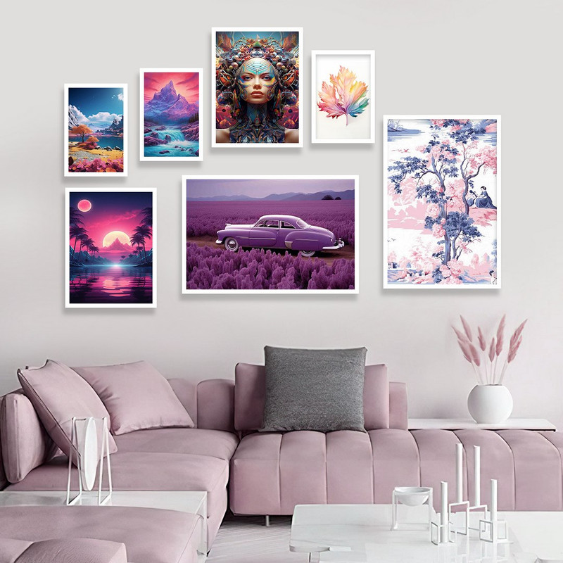 تابلو بکلیت طرح نقاشی مدرن طبیعت و ماشین مدل W-1215 مجموعه 7 عددی