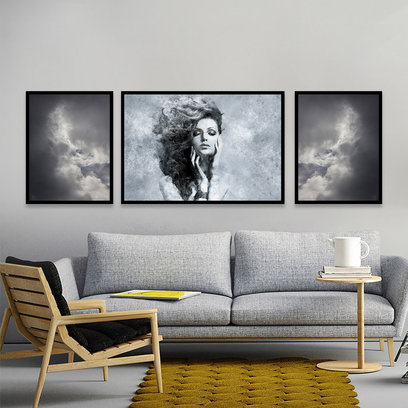 تابلو بکلیت مدل طرح پرتره زن و اسمان ابری B-1055  مجموعه 3 عددی