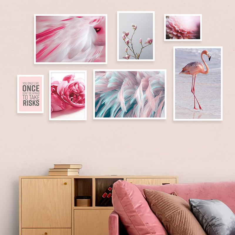 تابلو بکلیت مدل طرح فلامینگو و گل صورتی W-1014  مجموعه 7 عددی