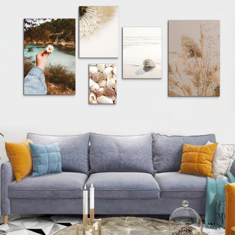 تابلو شاسی بکلیت طرح گل بابونه و قاصدک و صدف مدل SH-1034 مجموعه 5 عددی