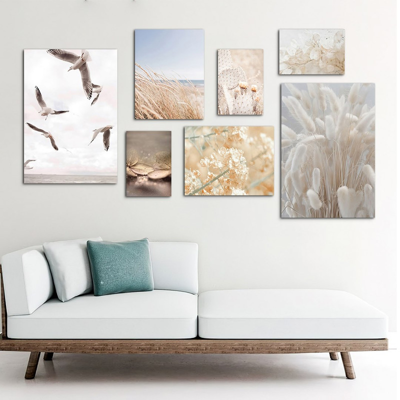 تابلو شاسی بکلیت طرح گل نی و پرنده و گل سفید مدل SH-1033 مجموعه 7 عددی