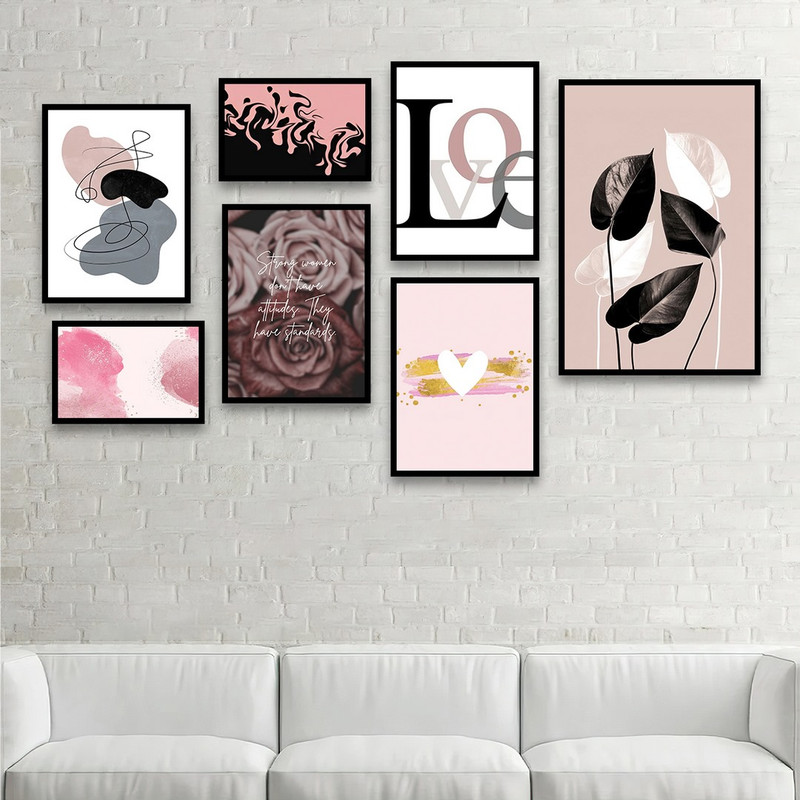 تابلو بکلیت طرح گل رز و نقاشی مینیمال مدل B-732 مجموعه 7 عددی