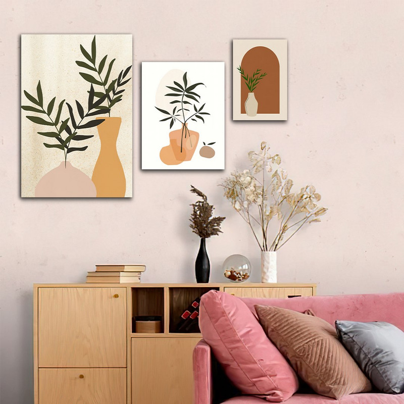 تابلو شاسی بکلیت طرح نقاشی مینیمال گل و گلدان مدل SH-711 مجموعه 3 عددی