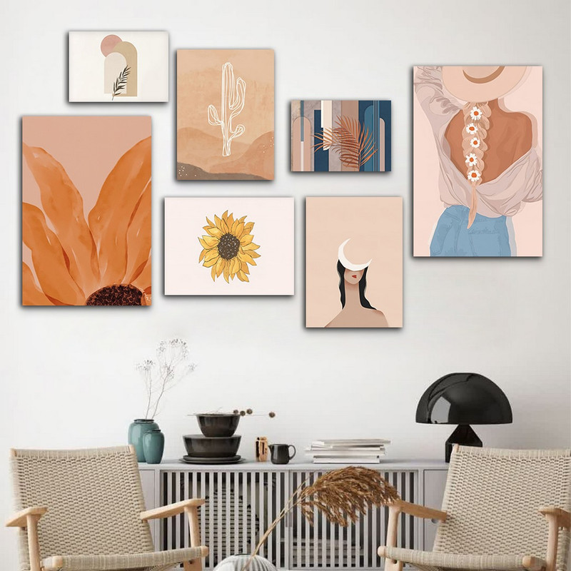 تابلو شاسی بکلیت طرح نقاشی آبرنگ و گل آفتابگردان مدل SH-691 مجموعه 7 عددی