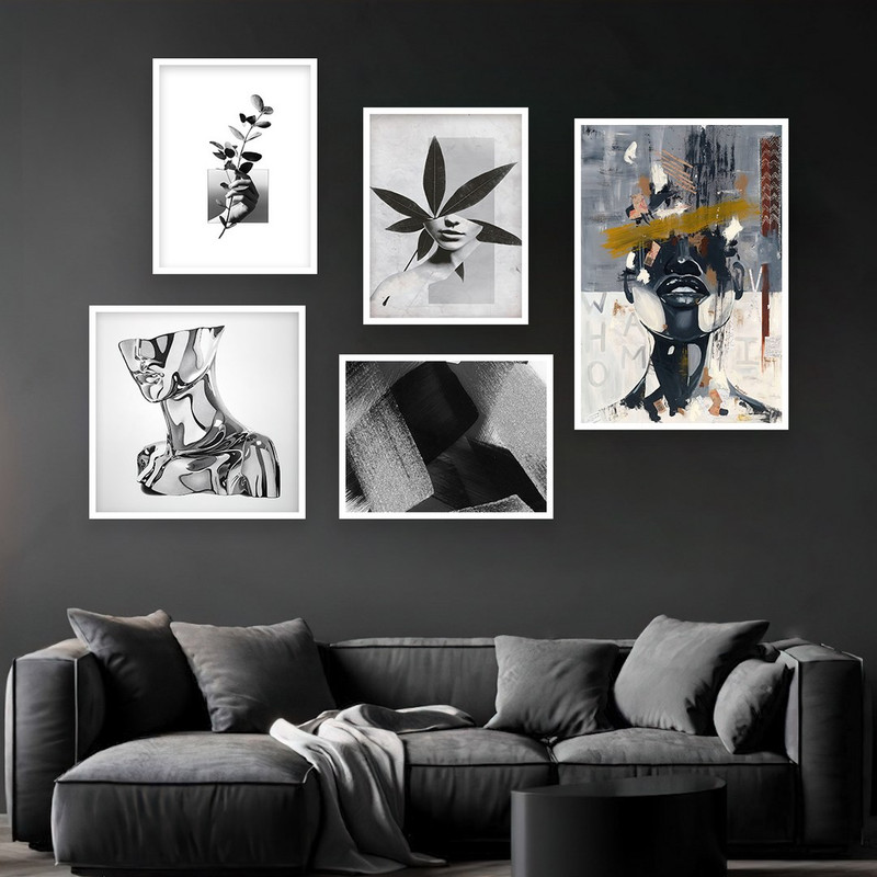 تابلو بکلیت مدل طرح نقاشی مینیمال سیاه و سفید W-942  مجموعه 5 عددی