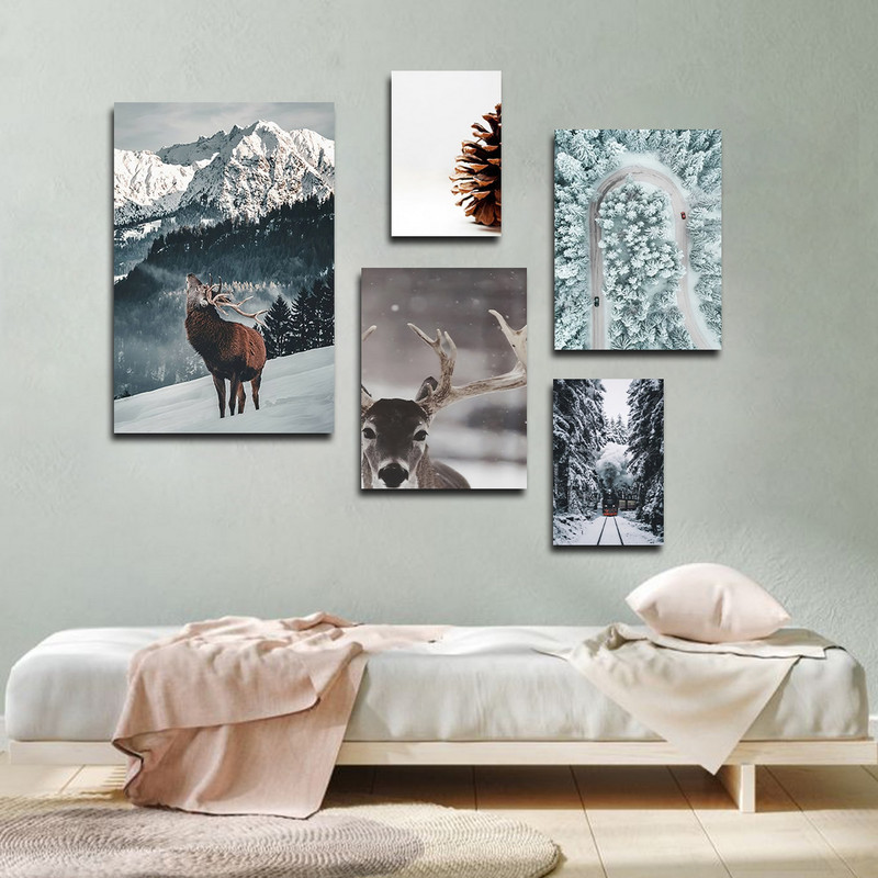 تابلو شاسی بکلیت طرح مدرن طبیعت زمستان و گوزن مدل SH-1657 مجموعه 5 عددی