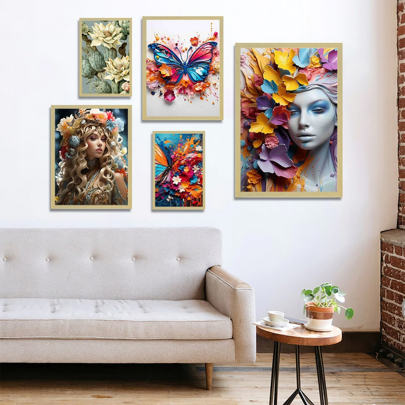 تابلو بکلیت مدل طرح نقاشی گل رنگی و پروانه و چهره زن BE-1138 مجموعه 5 عددی