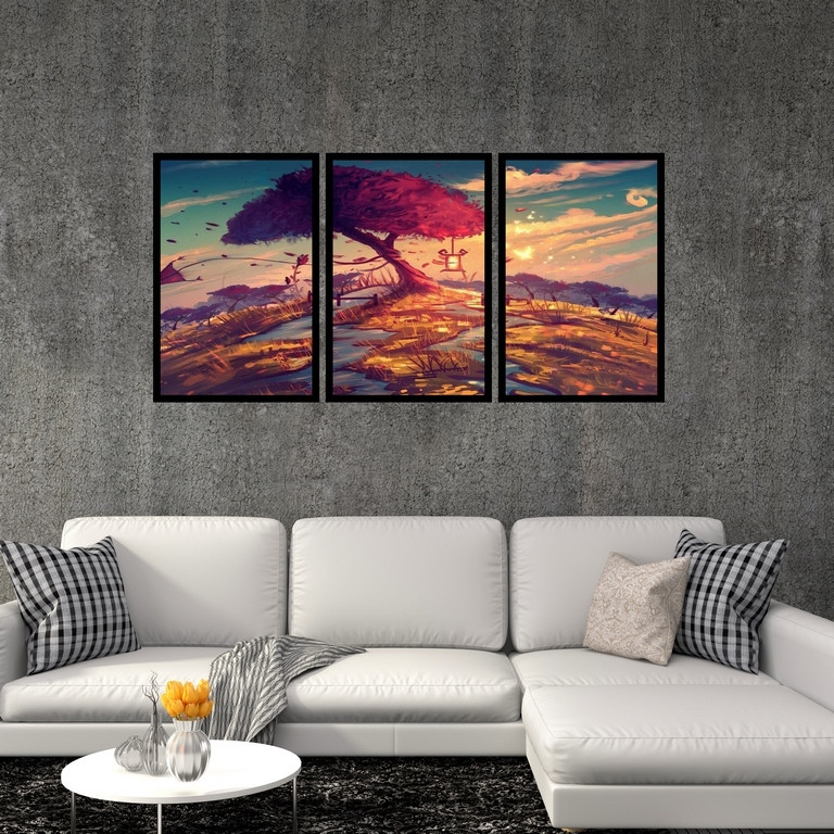 تابلو بکلیت طرح نقاشی تک درخت پاییزی مدل B-S4892 مجموعه 3 عددی