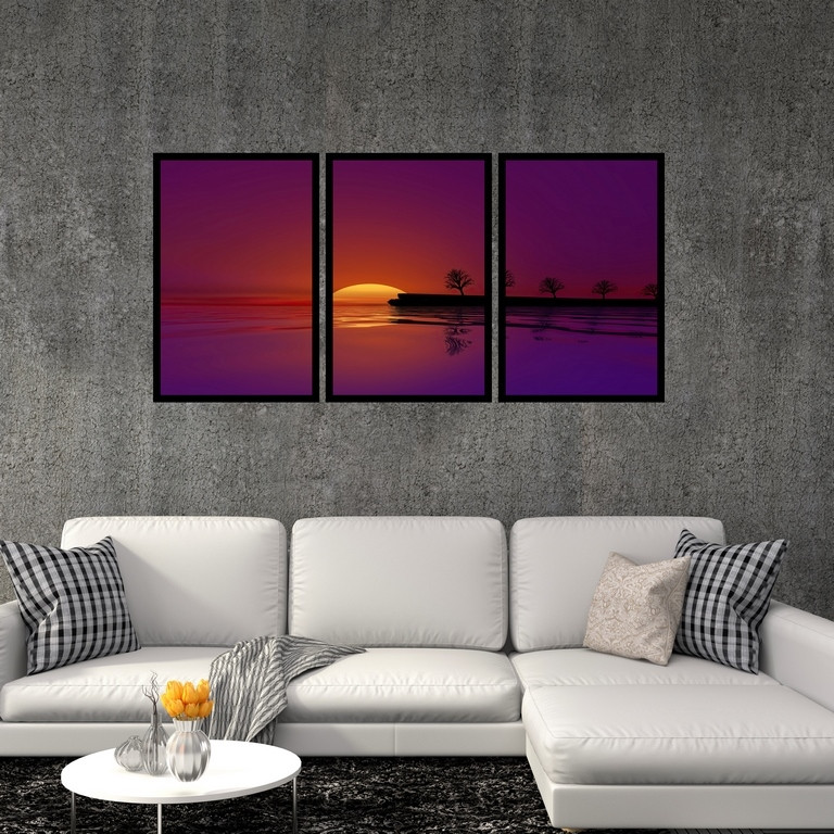 تابلو بکلیت طرح نقاشی غروب و دریا مدل B-S4896 مجموعه سه عددی