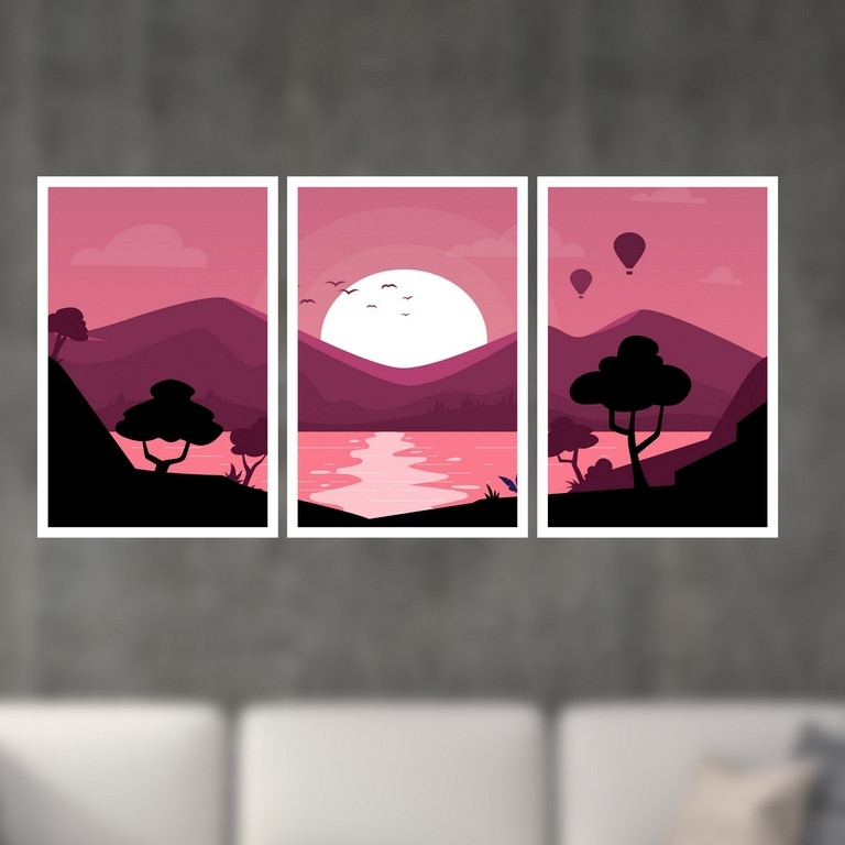 تابلو بکلیت طرح نقاشی کوهستان و غروب آفتاب مدل W-S4954  مجموعه 3 عددی