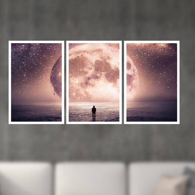 تابلو بکلیت طرح نقاشی فانتزی دریا و ماه مدل W-S4934 مجموعه 3 عددی