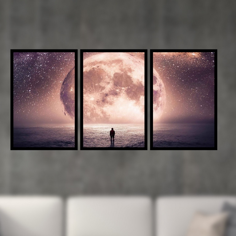 تابلو بکلیت طرح نقاشی فانتزی دریا و ماه مدل B-S4934 مجموعه 3 عددی