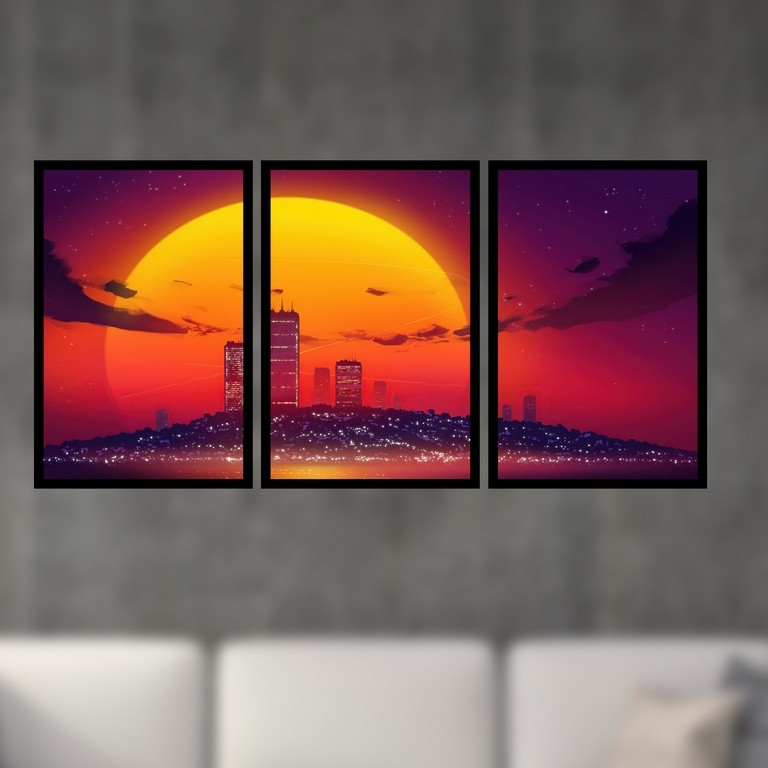 تابلو بکلیت طرح نقاشی منظره شهری و غروب آفتاب مدل B-S4907 مجموعه 3 عددی