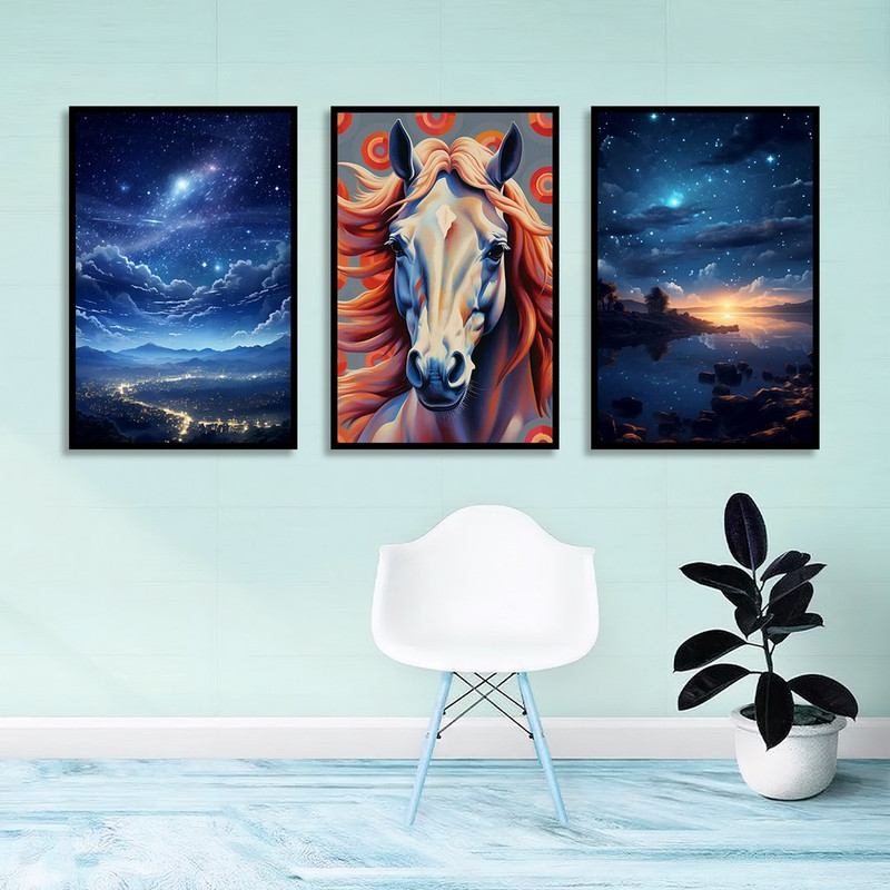 تابلو بکلیت طرح اسمان شب و اسب مدل B-1205 مجموعه 3 عددی