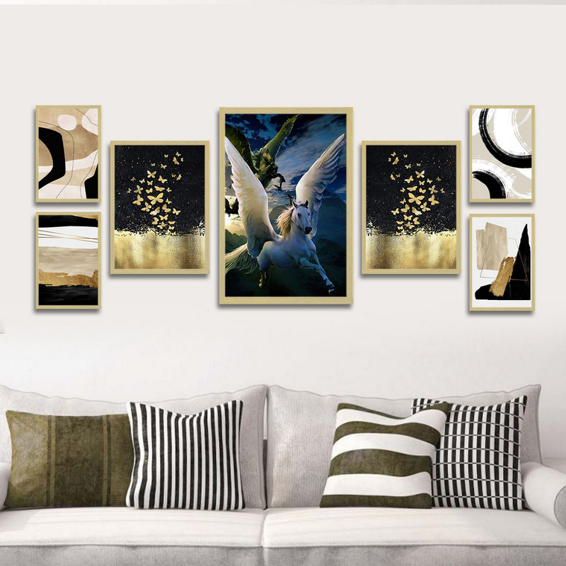 تابلو بکلیت طرح نقاشی مدرن آبستره و اسب و پروانه طلایی مدل BE-1789 مجموعه 7 عددی