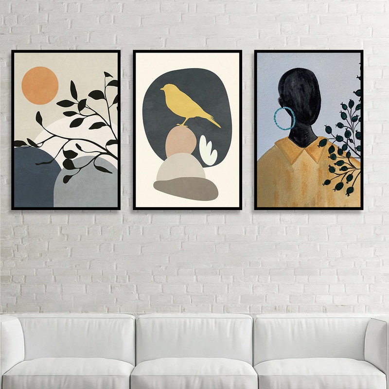 تابلو بکلیت طرح نقاشی مدرن چهره و پرنده مدل B-1718 مجموعه 3 عددی