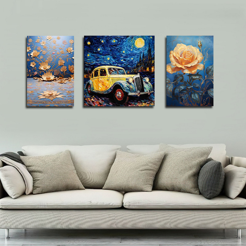 تابلو شاسی بکلیت طرح نقاشی مدرن گل و ماشین مدل SH-1757 مجموعه 3 عددی
