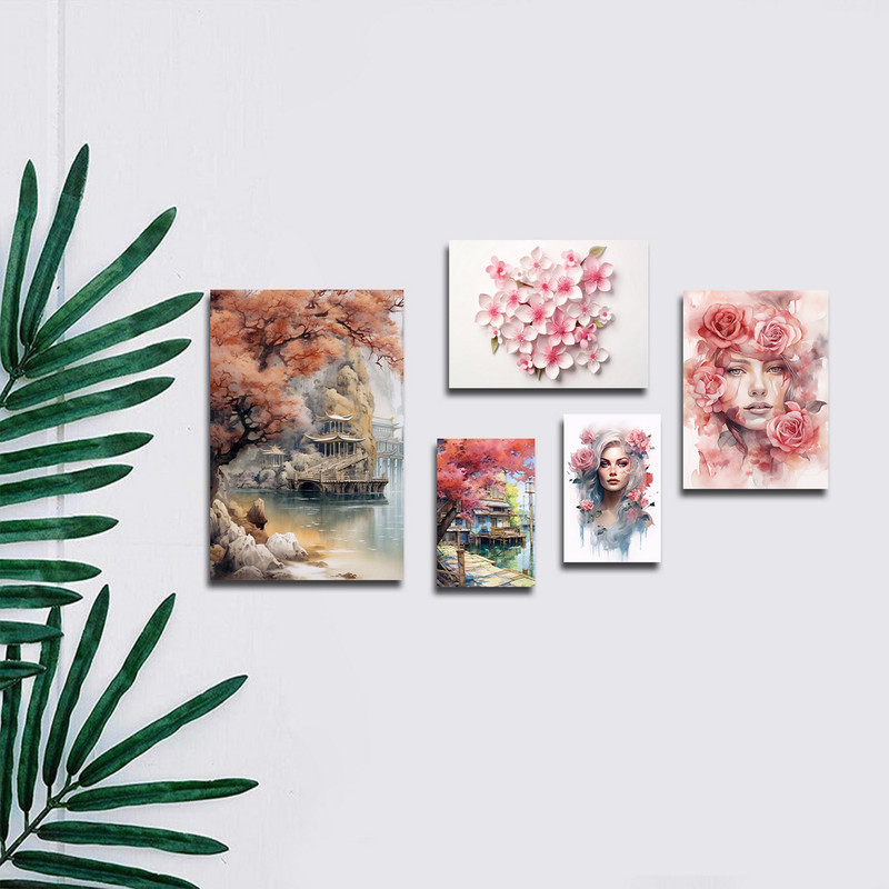 تابلو شاسی بکلیت طرح نقاشی مدرن چهره و منظره صورتی مدل SH-1752 مجموعه 5 عددی