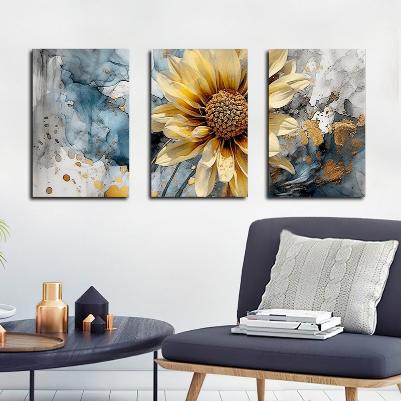 تابلو شاسی بکلیت طرح نقاشی مدرن رنگ روغن گل آفتابگردان مدل SH-1599 مجموعه 3 عددی