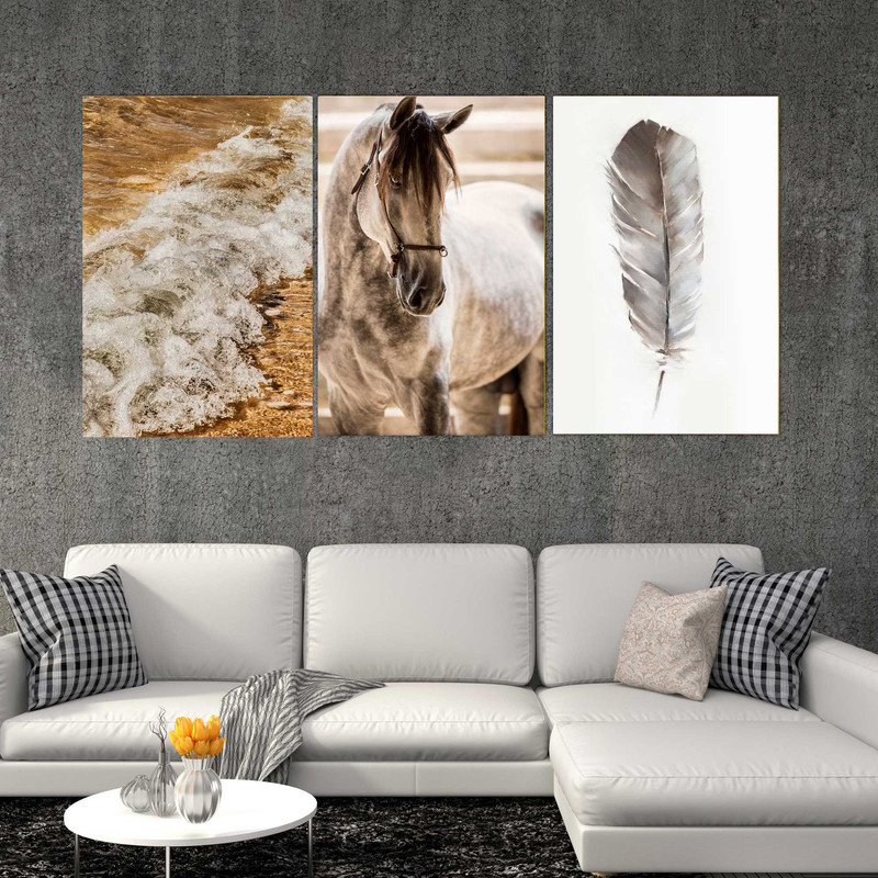 تابلو شاسی بکلیت طرح مدرن منظره دریا و اسب مدل SH-1556 مجموعه 3 عددی