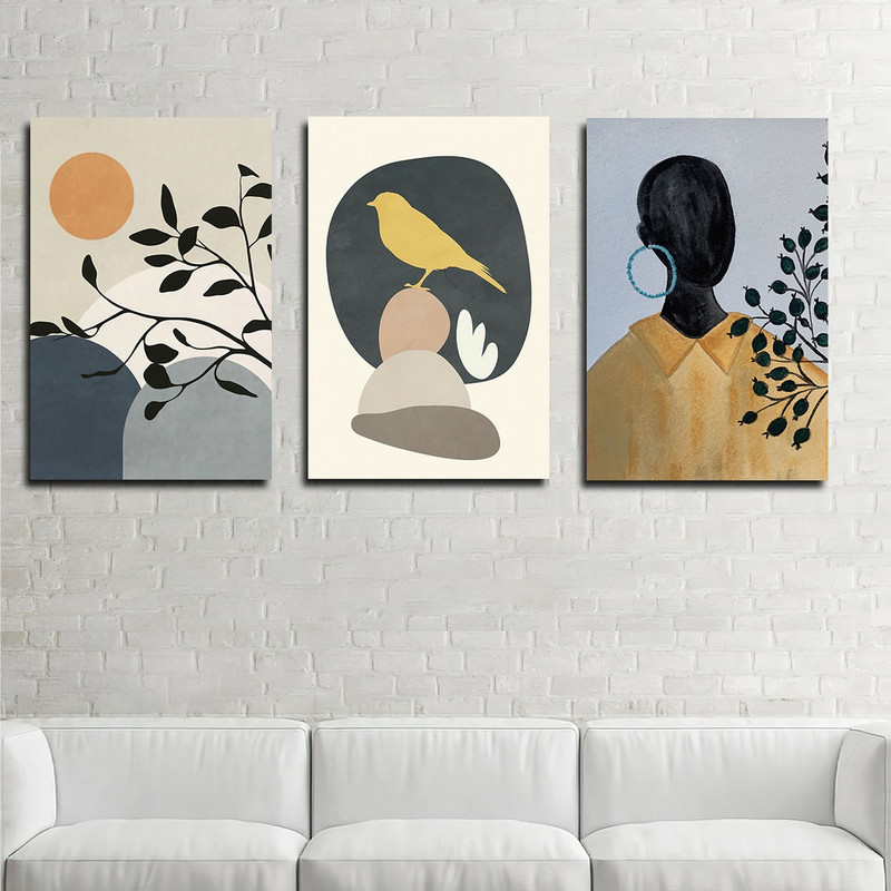 تابلو شاسی بکلیت طرح نقاشی مدرن چهره و پرنده مدل SH-1718 مجموعه 3 عددی