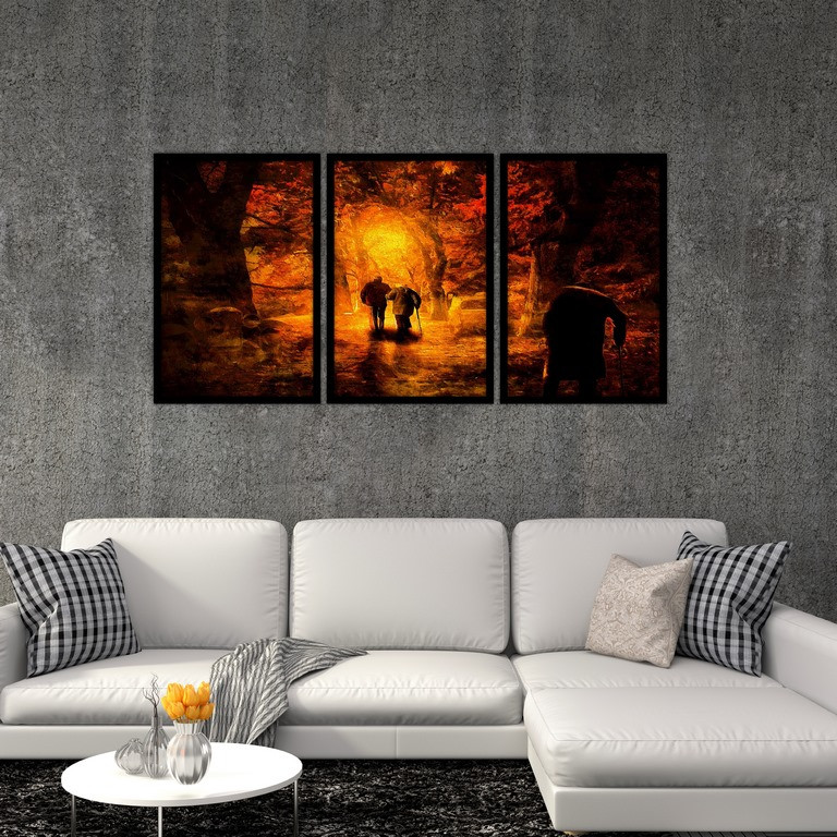 تابلو بکلیت طرح نقاشی عاشقانه جنگل پاییزی مدل B-S4815 مجموعه 3 عددی