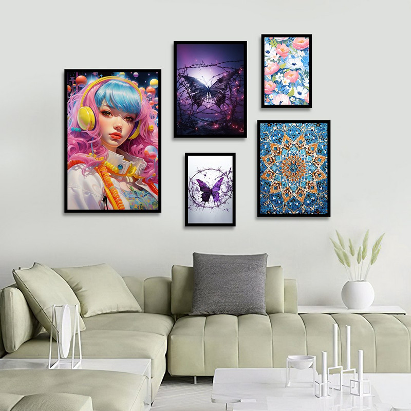 تابلو بکلیت طرح نقاشی دخترانه و پروانه مدل B-1249 مجموعه 5 عددی