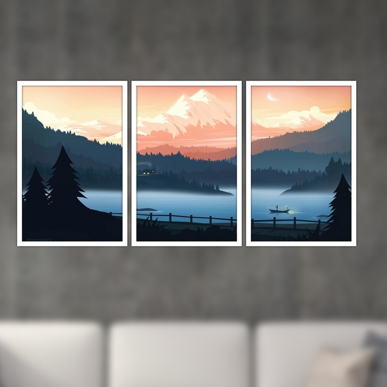 تابلو بکلیت طرح نقاشی فانتزی منظره ی دریاچه مدل W-S4922 مجموعه 3 عددی