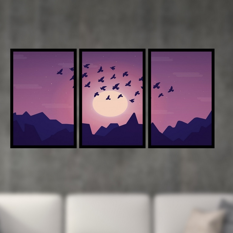 تابلو بکلیت طرح نقاشی فانتزی پرواز پرندگان مدل B-S4920 مجموعه 3 عددی