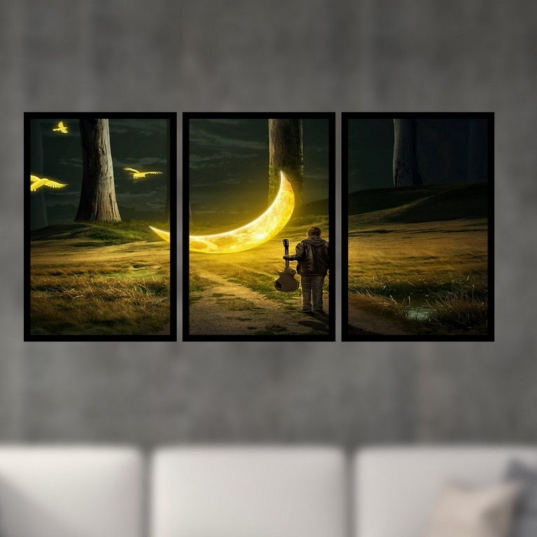 تابلو بکلیت طرح نقاشی فانتزی هلال ماه و مهتاب مدل B-S4909 مجموعه 3 عددی