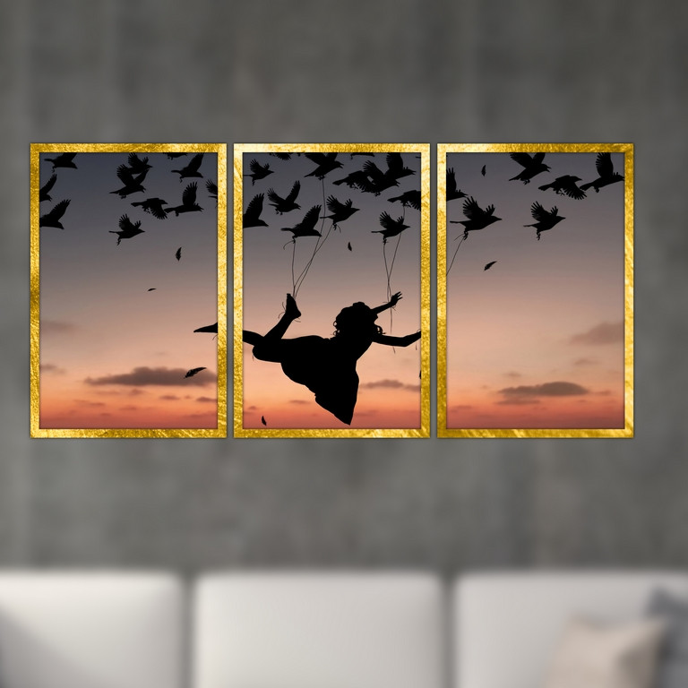 تابلو بکلیت طرح نقاشی غروب آفتاب و رقص پرندگان مدل T-S4781 مجموعه 3 عددی